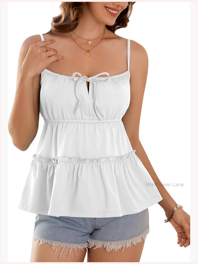Babydoll Tank Top Spaghetti Straps Cute Peplum Camisole Ruffle Tie Front Summer